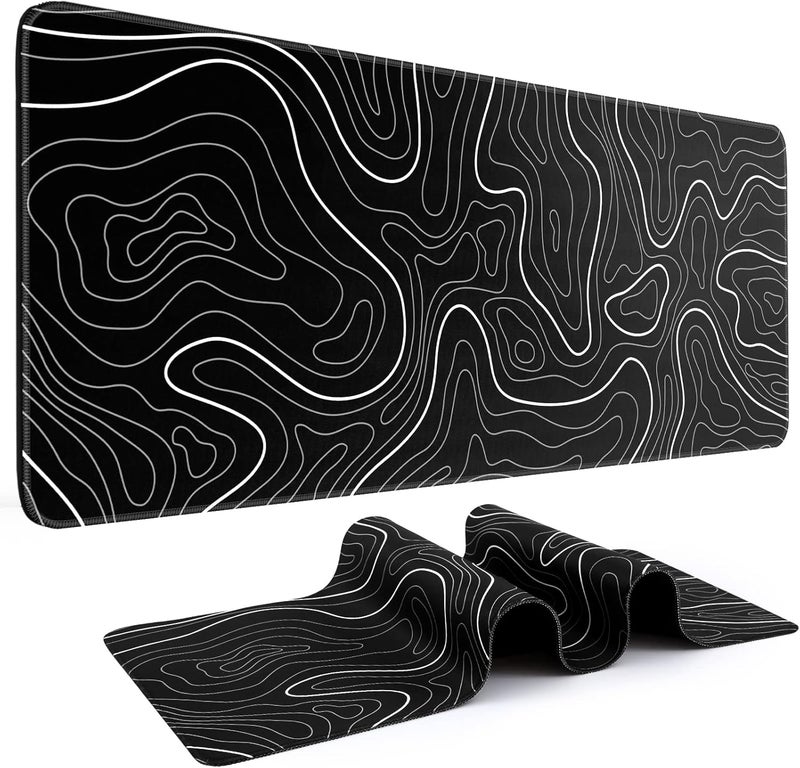 DIGSOM Mouse Pad Gaming Mousepad 31.5 x 11.8in Large Mouse Pad for Keyboard and Mouse with Anti-Slip Rubber Base, Keyboard Pad XL Mouse Mat for Home and Office（Black with White Topographic Line） - Image 1